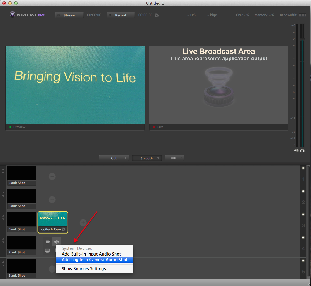 Wirecast: Setting up a camera and audio shot